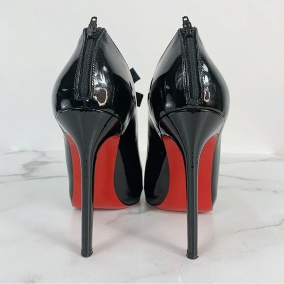 Black Patent Leather Bow Ankle Peep Toe - Picture 6 of 6